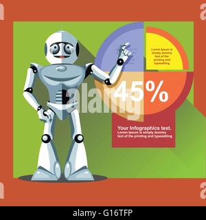 Silver humanoid robot presenting info graphic on a display. Digital background vector illustration. Stock Vector