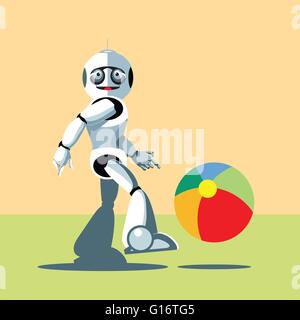 Silver humanoid robot playing with a colorful ball. Digital background vector illustration. Stock Vector