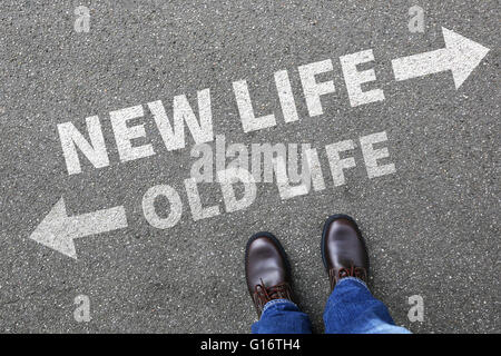 Old new life future past goals success decision change decide choice Stock Photo