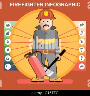 Fire fighter in fire suit man presenting an infographics Stock Vector