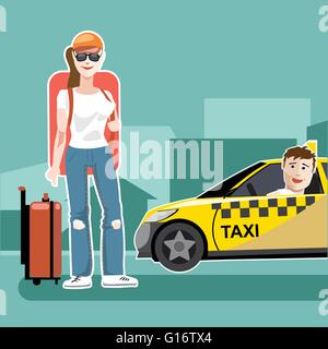 A girl tourist with luggage catching a taxi cab Stock Vector