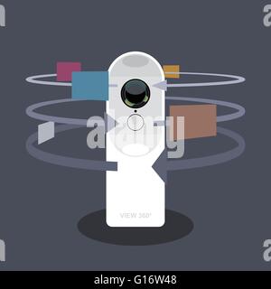 A white 360 degree camera video recorder with apps and functions icons, digital vector image Stock Vector