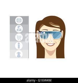 Virtual reality glasses on a smiling female head with brown hair with apps and functions icons on a white background, digital ve Stock Vector