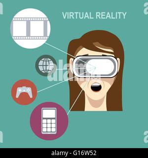 A virtual reality head set on a female head with brown hair with apps and functions icons on a green background, digital vector  Stock Vector
