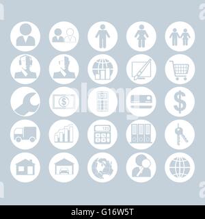 A set of people, business and construction icons on a white blue background, digital vector image Stock Vector