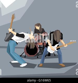 Rock music band performing on stage, with guitars and drums digital vector image Stock Vector