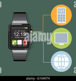A black smart watch with time, calls, mail, contacts, battery and weather info icons on the display panel on a dark green backgr Stock Vector