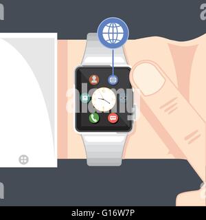 A black smart watch with time, calls, mail, contacts, battery and weather info icons on the display panel on a dark green backgr Stock Vector