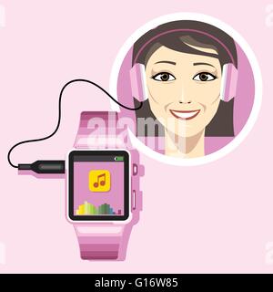 A smiling woman with an audio headset connected to a  pink smart watch with music and battery info icons on the display panel on Stock Vector