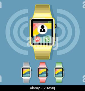A set of yellow, silver, red and green smart watches with calls and battery info icons on the display panel on a blue background Stock Vector