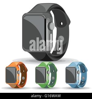 A set of black, orange, green and blue smart watches on a white background, digital vector image Stock Vector