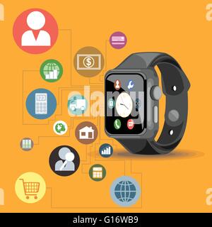 A black smart watch with time, calls, mail, contacts, battery and weather info icons on the display panel. Stock Vector