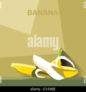 A whole big ripe banana and a peeled banana with white core on a table, digital vector image. Stock Vector