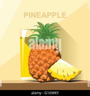 A glass of yellow pineapple juice, a whole big ripe pineapple with green leaves and a slice of pineapple on a table, digital vec Stock Vector