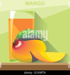 A glass of yellow mango juice, a whole big ripe mango with green leaves and a half mango on a table, digital vector image. Stock Vector