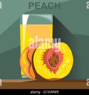 A glass of yellow peach juice and a half peach with kernel on a table, digital vector image. Stock Vector