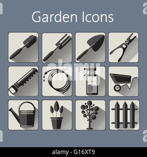 Gardening icons set over a silver blue background, digital vector image Stock Vector