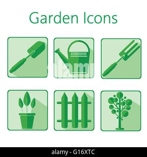 Green gardening icons set over a white background, digital vector image Stock Vector