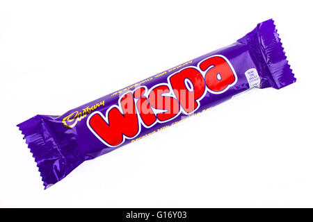 LONDON, UK - MAY 6TH 2016: An unopened Wispa chocolate bar manufactured by Cadbury, pictured over a plain white background on 6t Stock Photo
