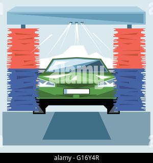 Green car wash at station with jet of water and red and blue cleaners, front view, digital vector image Stock Vector