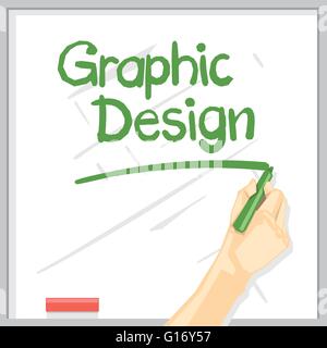A hand with shadow drawing on a white table with green color marker, graphic design inscription with underline, digital vector i Stock Vector