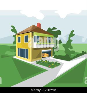 A house in 2 floors, view from perspective, with flowers at the balcony and a yellow car in the garage and green garden, digital Stock Vector