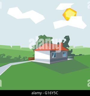 A house in 1 floor, view from perspective, with windows and the sun in the clouds, near green garden, digital vector image Stock Vector