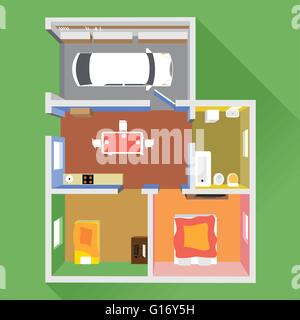 A house in section with a car in garage, a bathroom, a kitchen and 2 living rooms, top view, over a green background, digital im Stock Vector