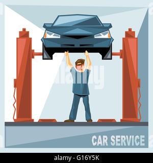 A mechanic in blue suit fixing a blue car in car service, over silver background, digital vector image Stock Vector