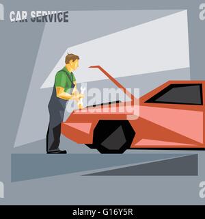 A mechanic in green and silver suit with tools, fixing a red car in car service, over silver background, digital vector image Stock Vector