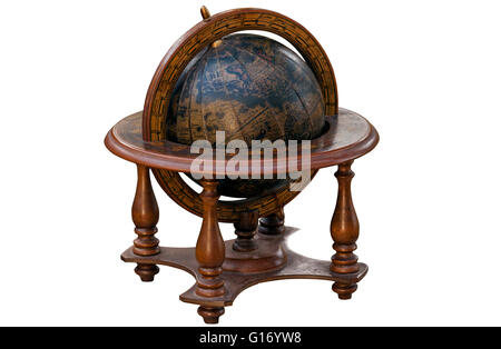 Isolated Vintage world globe mounted in wooden stand on white Stock Photo