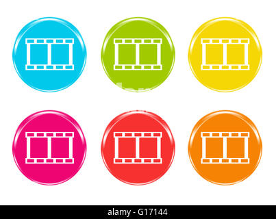 Set of squared colorful buttons with movie symbol in blue, green, yellow, pink, red and orange colors Stock Photo