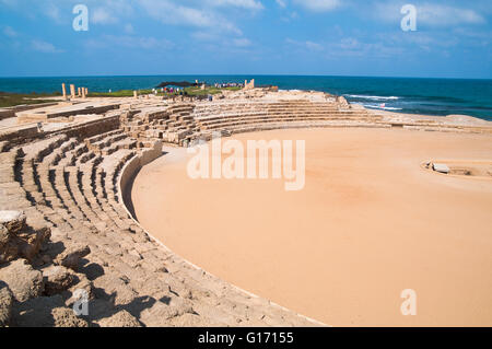 View of the Hippodrome at Caesarea, Israel with the Mediterranean Sea in the background. Stock Photo