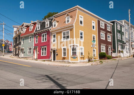 Colorful jelly bean houses, the corner of Prescott and Gower streets, St. John's, Newfoundland, Canada Stock Photo