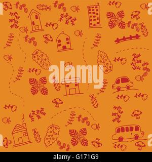 Orange backgrounds car doodle art Stock Vector