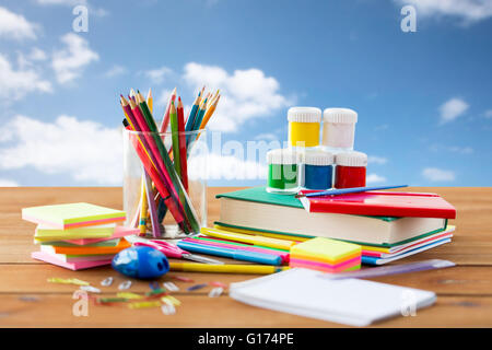 close up of stationery or school supplies on table Stock Photo