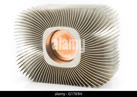 Old aluminum cpu cooler heat sink isolated on white Stock Photo