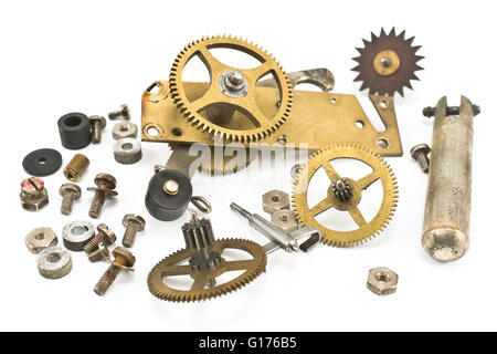 Gears and screw heads isolated on white Stock Photo