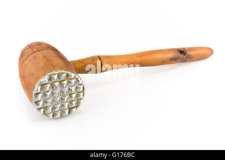 Old wooden meat tenderizer isolated on white Stock Photo