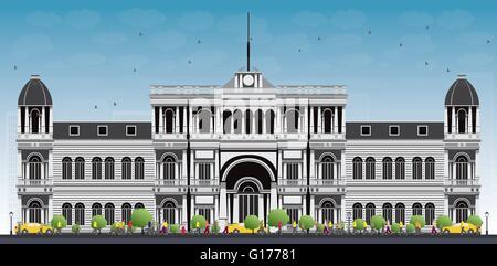University or college building in classic style. Vector illustration. Education concept with students, green tree and blue sky. Stock Vector