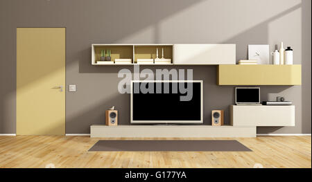 Modern living room with wall unit, tv set and closed door - 3d rendering Stock Photo