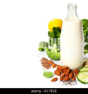 Ingredients of green smoothie over white - superfoods, vegan, vegetarian, healthy food, detox concept. Background layout with fr Stock Photo