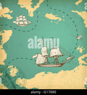Vintage marine map with sailing vessels. Ancient map with ships and ...