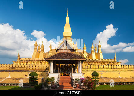 The golden pagoda wat Phra That Luang in Vientiane, Laos Stock Photo