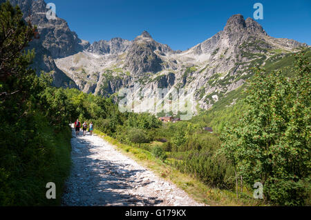 Tourists approaching to the chalet at Zelené pleso, High Tatras, Slovakia Stock Photo