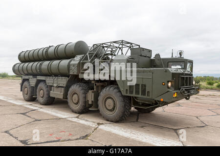 Antiaircraft missile complex, ballistic launcher with missiles ready to attack on military powerful all-terrain transportation.  Stock Photo