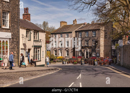 View from High Street to Mill Bridge and the Castle Inn, Skipton, North Yorkshire, England, UK Stock Photo