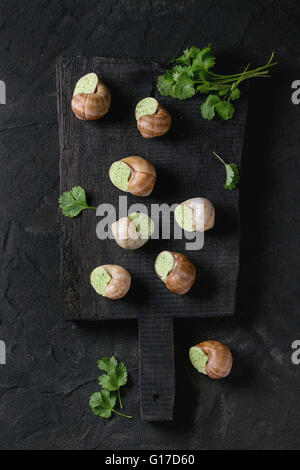 Uncooked Escargots de Bourgogne - Snails with herbs butter, gourmet dish, on black wooden chopping board with parsley over black Stock Photo