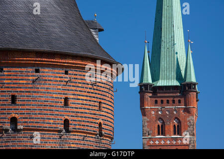 St. Petri-Church and Holstentor/ Holstein Gate in the Hanseatic town Lübeck, Schleswig-Holstein, Germany Stock Photo