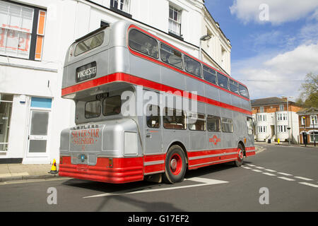 Vintage bus event in Winchester Hampshire. Silver double decker Leyland Atlantean in stopped at give way junction. Stock Photo